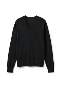 Svart v-ringad tröja i mjukt stickat material. Har ribbade mudd och fåll. Enkelt design med en klassisk form och slät yta.