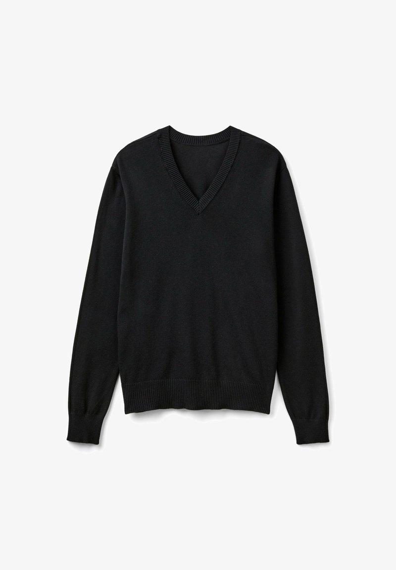 Mustasa v-kaula-aukko villapaita, joka on valmistettu pehmeästä neuloksesta. Siinä on ribbireunat hihoissa ja helmassa. Yksinkertainen muotoilu, klassinen malli ja sileä rakenne.