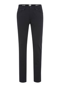 Schwarze Hose aus einem Stretchmaterial. Verfügt über fünf Taschen, einen Reißverschluss und blaue Knopfakzente. Gerades Bein Design.