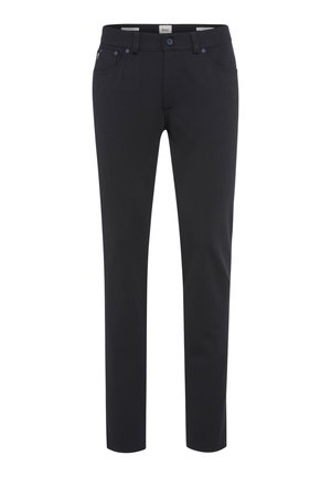 Schwarze Hose aus einem Stretchmaterial. Verfügt über fünf Taschen, einen Reißverschluss und blaue Knopfakzente. Gerades Bein Design.