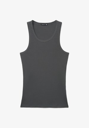 Szary bawełniany top na ramiączkach o prążkowanej fakturze, z okrągłym dekoltem i prostym dołem. Metka wewnątrz przy szyi wskazuje rozmiar "XL".