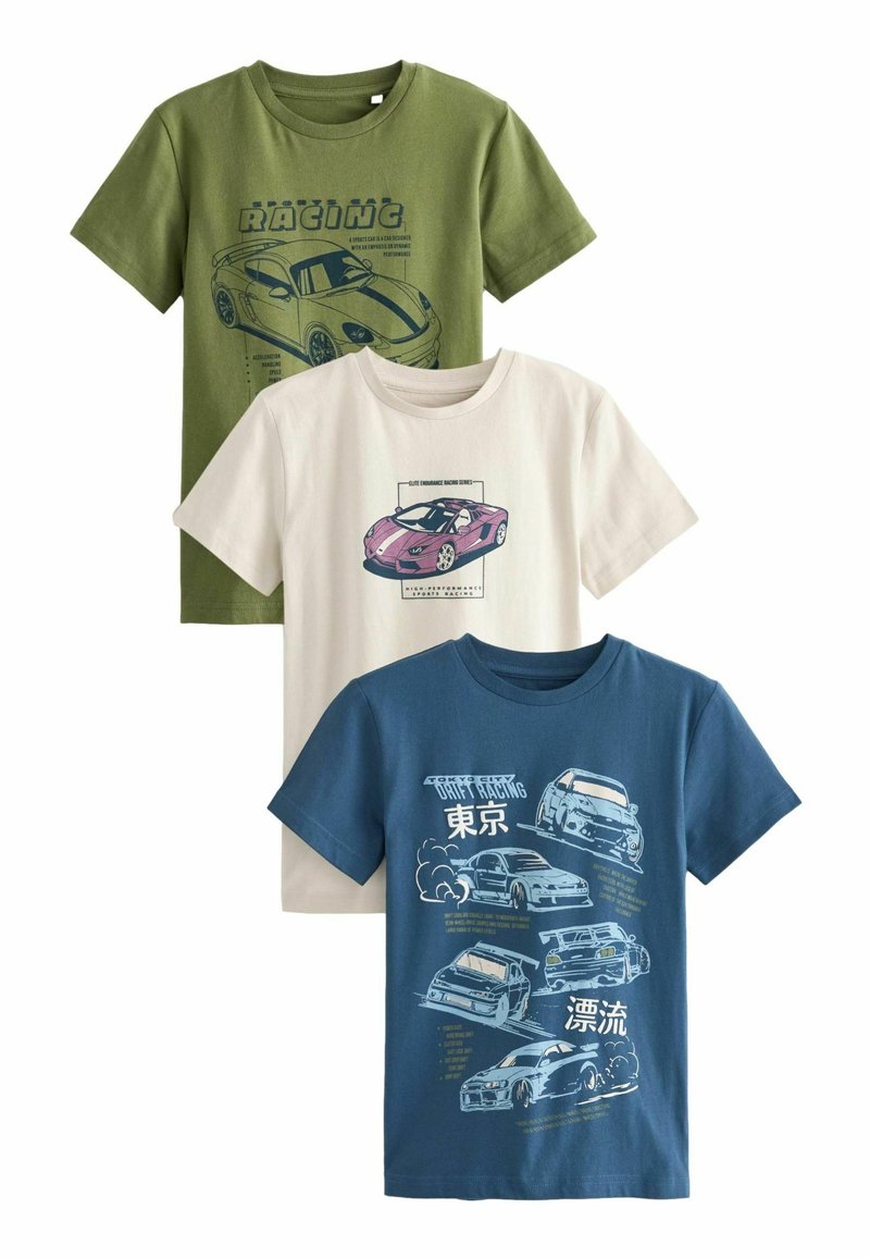 Next SHORT SLEEVE GRAPHIC 3 PACK STANDARD - Apdrukāts T-krekls - navy blue khaki green car