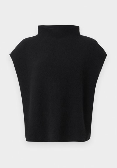 Gilet noir sans manches en tricot avec un col montant et une large couverture des épaules, présenté sur fond blanc.