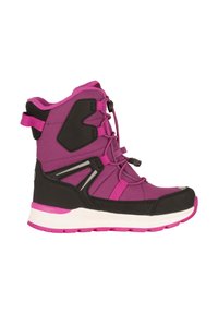 Winterstiefel mit einem dunklen schwarzen Grund, leuchtend pinken Akzenten, strukturiertem Stoff, Schnürdesign und einer weißen Sohle mit pinken Details.
