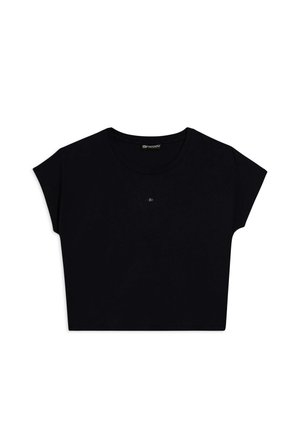 Camiseta negra recortada con mangas cortas, cuello redondo y pequeño logo de la marca "Freddy" en el pecho.