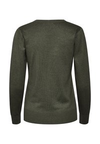 Mörkgrön stickad tröja med långa ärmar, rund halsringning, ribbade muddar och fåll. Slät textur med enfärgat mönster utan dekorationer.