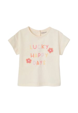 Cream-colored baby t-shirt with short sleeves, "LUCKY HAPPY DAYS" text in pastel colors, and two pink flower appliques on front.