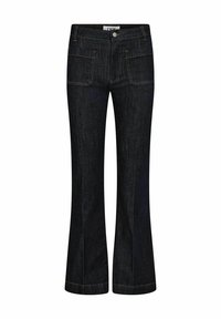Pantalones de mezclilla de campana de color azul oscuro con una textura suave, que cuentan con dos bolsillos frontales y detalles de costura en color naranja.