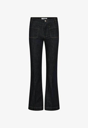 Tumši zilie platās džinses, kas izgatavotas no denim auduma ar gludu tekstūru, ar diviem priekšējiem kabatām un oranžiem izšuvuma akcentiem.