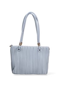 Borsa a righe blu chiaro realizzata in materiale sintetico, con doppi manici e dettagli in metallo dorato. Forma rettangolare con superficie testurizzata.