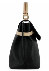 Borsa nera texture con un accento in pelle beige, forma strutturata e una fibbia dorata sul manico. Design con apertura superiore.