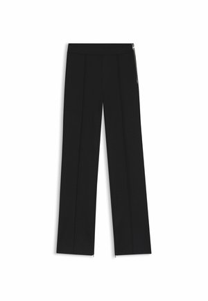 Zwarte wijde broek met twee voorplooien, elastische tailleband en zijritsen voor detail. Soepele textuur en minimalistisch ontwerp.