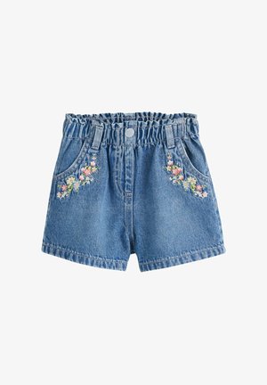 Blue denim shorts with elastic waist, front pockets, and pink, yellow, and white floral embroidery on each pocket.