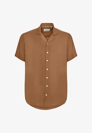 Lühikese varrukaga pruun särk, millel on krae, sile tekstuur, nupuvajutusega esiosa valgete nuppudega ja ümar ääreline.