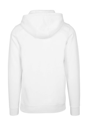 Weißes Kapuzensweatshirt mit glatter Textur, langen Ärmeln, abgerundetem Saum und gerippten Bündchen. Schlichte Rückseite ohne weitere Details.