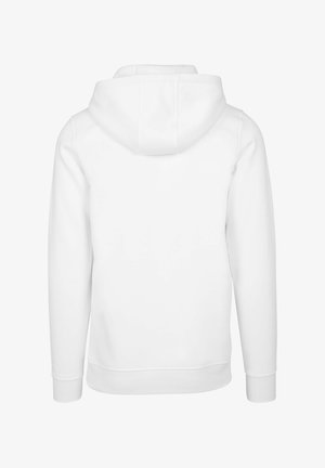 Weißes Kapuzensweatshirt mit glatter Textur, langen Ärmeln, abgerundetem Saum und gerippten Bündchen. Schlichte Rückseite ohne weitere Details.