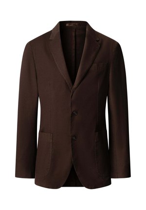 Blazer marrón oscuro para hombre con solapas con muesca, dos botones delanteros y tres bolsillos: uno en el pecho y dos bolsillos de parche inferiores.
