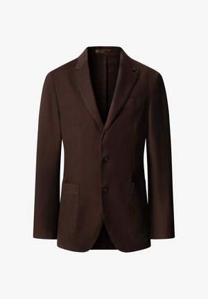 Tummanruskea miesten bleiseri lovikauluksilla, kahdella etunapilla ja kolmella taskulla: yksi rintatasku ja kaksi alaosaa sijaitsevaa päällystettyä taskua.