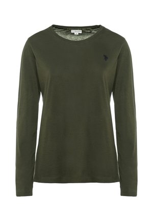 Camicia a maniche lunghe verde oliva con colletto a girocollo, realizzata in morbido cotone, con un piccolo logo blu navy sul lato sinistro del petto.