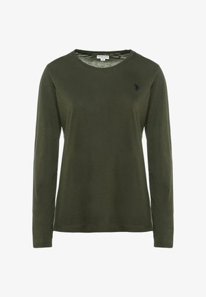 Camicia a maniche lunghe verde oliva con colletto a girocollo, realizzata in morbido cotone, con un piccolo logo blu navy sul lato sinistro del petto.