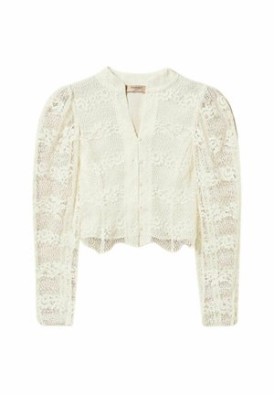 Blusa in pizzo color crema a maniche lunghe con scollo a V, apertura con bottoni sul davanti, spalle arricciate e orlo smerlato.