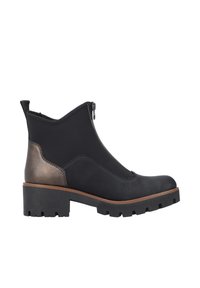 Les bottines noires présentent une combinaison de cuir lisse et de tissu doux. Le design inclut une fermeture éclair sur le côté et une semelle en caoutchouc texturé.