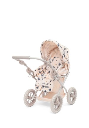 Light pink toy stroller with four large wheels and patterned fabric featuring hot air balloons and clouds.