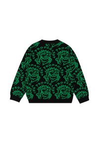 Maglione nero lavorato a maglia con un motivo ripetitivo di leoni verdi e la scritta "PROPAGANDA". Collo girocollo standard e maniche lunghe. Tessuto morbido.