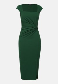 Grünes, enganliegendes Kleid aus Stretchstoff mit quadratischem Ausschnitt, kurzen Ärmeln, gedrehten Details an der Taille und einem seitlichen Schlitz.