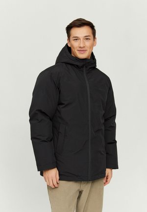Black insulated jacket with a hood, zip front, and side pockets. Smooth texture and modern design with no visible logos or patterns.