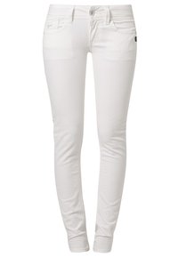 Jean blanc slim pour femmes avec fermeture avant à boutons et zip, style cinq poches et passants de ceinture.