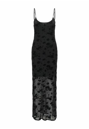 Crna haljina s cvjetnim vezenjem, tankim naramenicama, uskim korzetom i prozirnim, lepršavim donjim dijelom. Glatki materijal sa elegantnim siluetom.