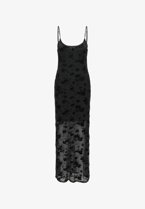 Vestido negro bordado con motivos florales, tirantes finos, corpiño ajustado y sección inferior translúcida y fluida. Tela suave con una silueta elegante.