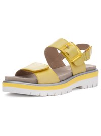 Yellow open-toe sandal with adjustable ankle buckle and front strap, cushioned beige footbed, and white thick sole with yellow stripe.