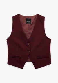Bordowy kamizelka wykonana z gładkiego materiału, z głębokim dekoltem w kształcie litery V, dwoma guzikami i dwiema przednimi kieszeniami z gładkim podszewką.