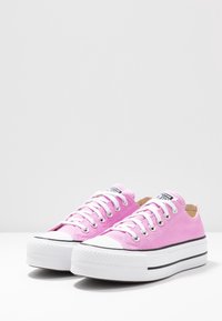 Rosa kanvas sneakers med vita gummisulor, rund tå, svart randdetalj och silveröglor för snörning. Lågprofildesign med mjuk textur.