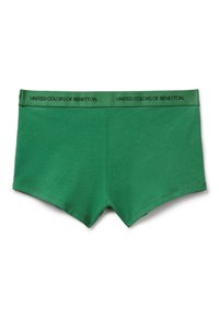Bóxers verdes para hombres con cinturilla elástica que presentan el texto "United Colors of Benetton" en negro.