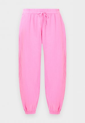 Φωτεινό ροζ παντελόνι από ζαρωμένο ύφασμα με ελαστική μέση και μανσέτες, που διαθέτει κορδόνι μπροστά για ρυθμιζόμενη εφαρμογή.