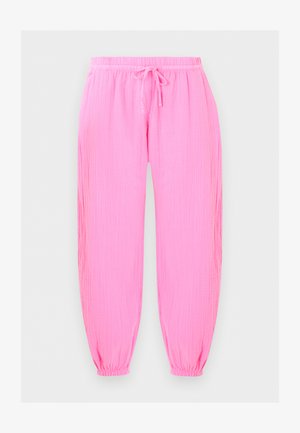 Φωτεινό ροζ παντελόνι από ζαρωμένο ύφασμα με ελαστική μέση και μανσέτες, που διαθέτει κορδόνι μπροστά για ρυθμιζόμενη εφαρμογή.