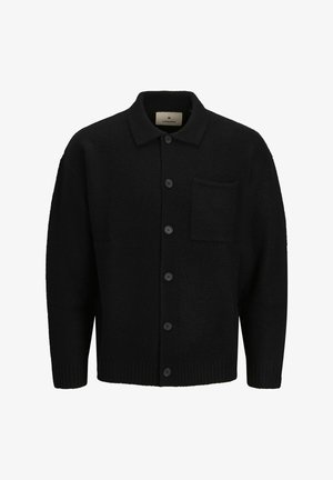 Crna pletena kardigan jakna s ovratnikom, prednjim dugmetom, teksturiranom tkaninom i jednom zakrpa džepom s lijeve strane.