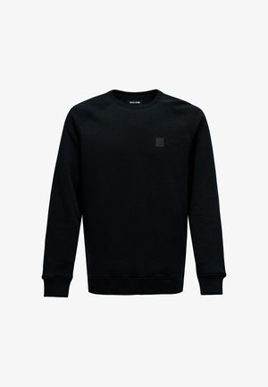 Sudadera negra con cuello redondo y puños acanalados. Presenta un pequeño logotipo texturizado en el pecho. Fabricada con una tela suave y cómoda.