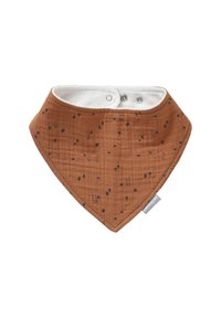 Braunes, dreieckiges Baby-Bandana-Lätzchen mit kleinen schwarzen Fuchs- und Baumdrucks, weißem Innenfutter und Druckknopfverschluss.