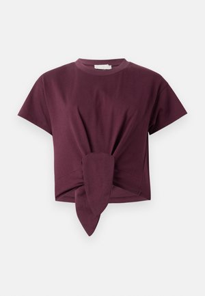 Tricou burgundy cu mânecă scurtă din bumbac, cu un detaliu legat la talie și un design clasic de gât rotund.