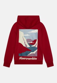 Körsbärsrandig hoodie med en stor grafisk tryck av en flod och berg på baksidan, med "Abercrombie" text i vitt i botten.