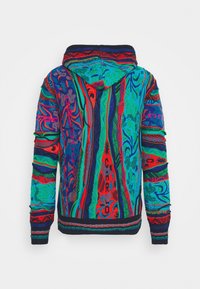 Bunt gestrickte Kapuzenjacke mit abstrakten vertikalen Streifen und Mustern in Rot, Blau, Grün und Schwarz, von hinten gezeigt.