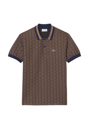 Polo marrone con un motivo a diamante, colletto e dettagli delle maniche in navy, patta con due bottoni e logo ricamato verde.