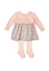Vestido rosa claro con mangas largas, cuello en forma de onda, falda con estampado floral y pantys rosa claro a juego. Botones en la parte delantera.