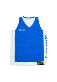Maillot de basketball bleu avec des accents blancs, fabriqué en tissu en maille, featuring un col en V, des panneaux latéraux et le logo Spalding sur le devant.