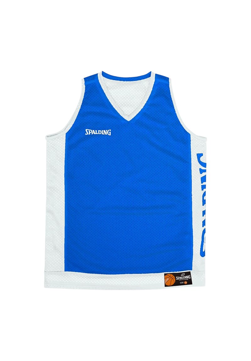 Maillot de basketball bleu avec des accents blancs, fabriqué en tissu en maille, featuring un col en V, des panneaux latéraux et le logo Spalding sur le devant.