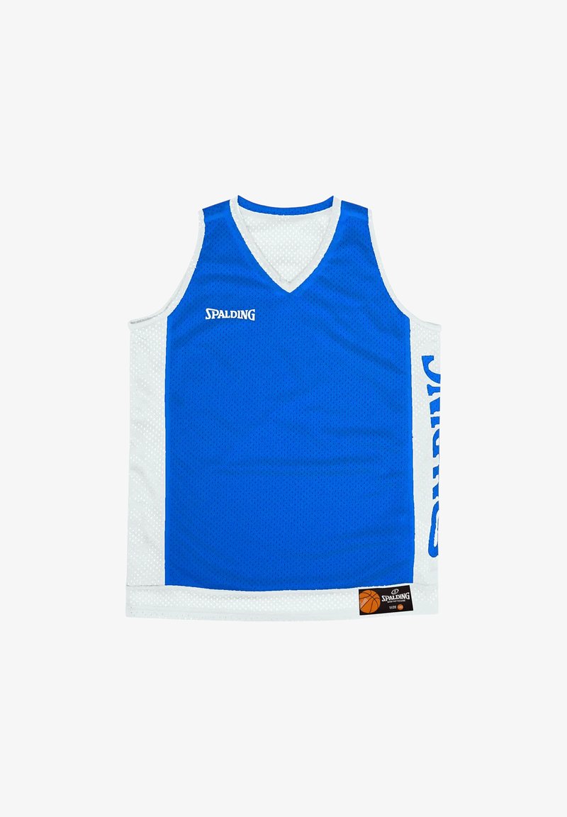 Blauwe basketbaltrui met witte accenten, gemaakt van mesh stof, met een v-hals, zijkanten en het Spalding-logo aan de voorkant.
